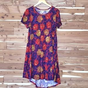 LuLaRoe Carly Dress, Size XS, Maroon with Purple, Red, and Gold Floral Design